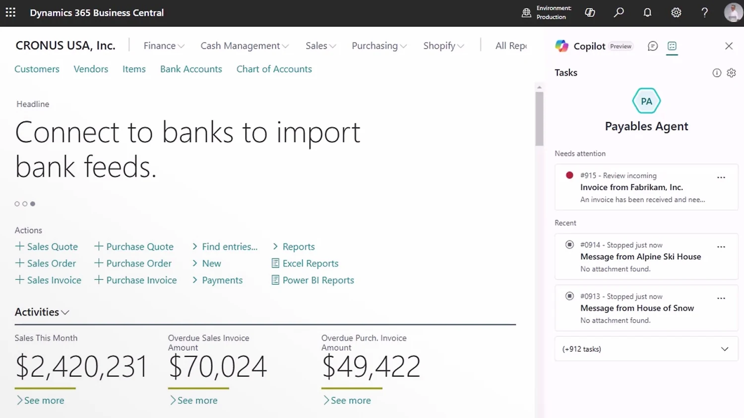 Screenshot of Microsoft Dynamics 365 Business Central dashboard showing sales metrics, invoice data, and task notifications.