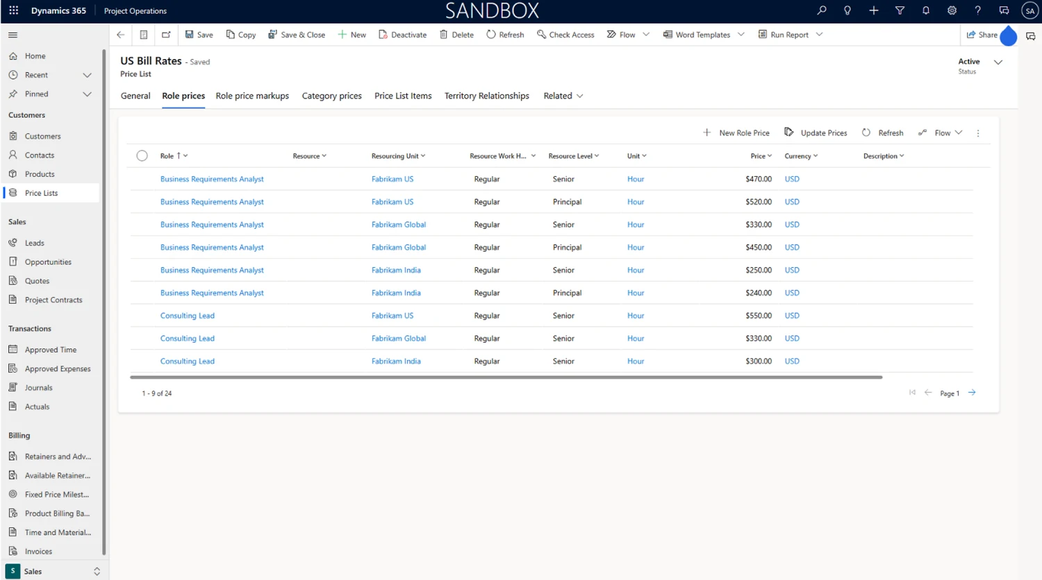 Screenshot of a billing rates page from a business management software showing various job roles and hourly rates.